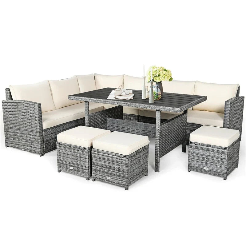 2026 7 PCS Resin Wicker Outdoor Sectional Sofa Set Rattan Patio Seating Group with Dining Table, Ottomans & Cushions
