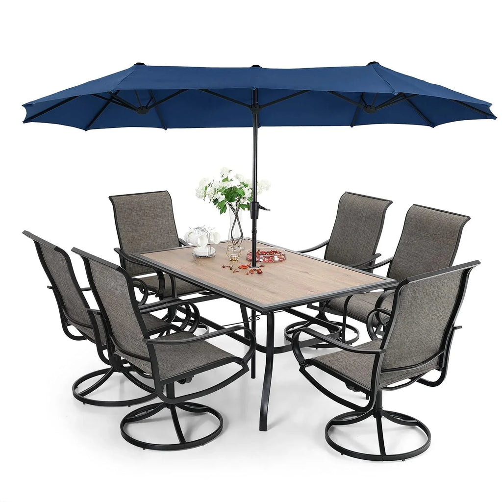 2026 New8-piece patio dining set with parasol, garden furniture set with 6 swivel dining chairs with mesh covers