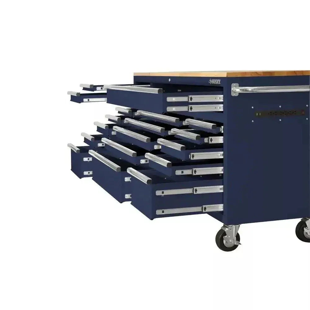 2026 72 in. 18-Drawer Mobile Workbench with Solid Wood Top in Gloss Blue