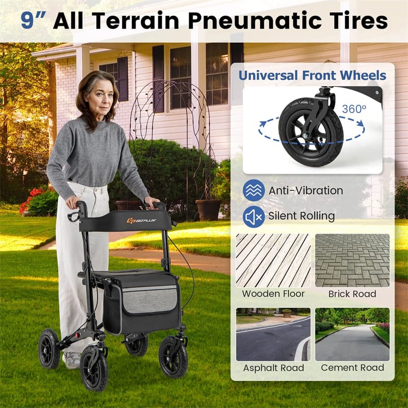 2026 2-in-1 Folding Rolling Rollator Walker with Seat, 9" All-Terrain Pneumatic Tires & Height Adjustment, Aluminum Mobility Walking Aid for Seniors