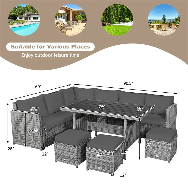 2026 7 PCS Resin Wicker Outdoor Sectional Sofa Set Rattan Patio Seating Group with Dining Table, Ottomans & Cushions