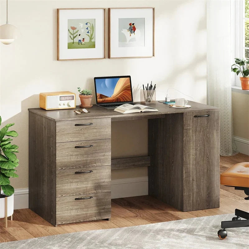 2026 53" Computer Desk with 4 Storage Drawers & Cabinet, Home Office Desk w/ Charging Station, Adjustable Shelf & Cable Management for Study, Makeup
