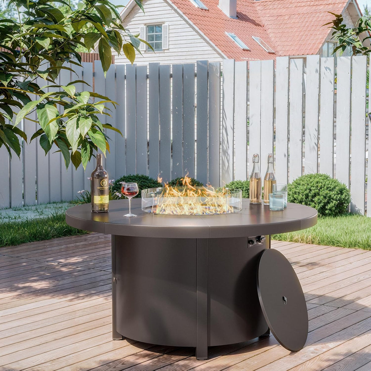 2026 48" Round Propane Fire Pit Table,55000 BTU Auto-Ignitiongas Gas Fire Table with Fire Glass and Lid,Waterproof Cover and Pumice Stone for Patio,Balcony,Garden