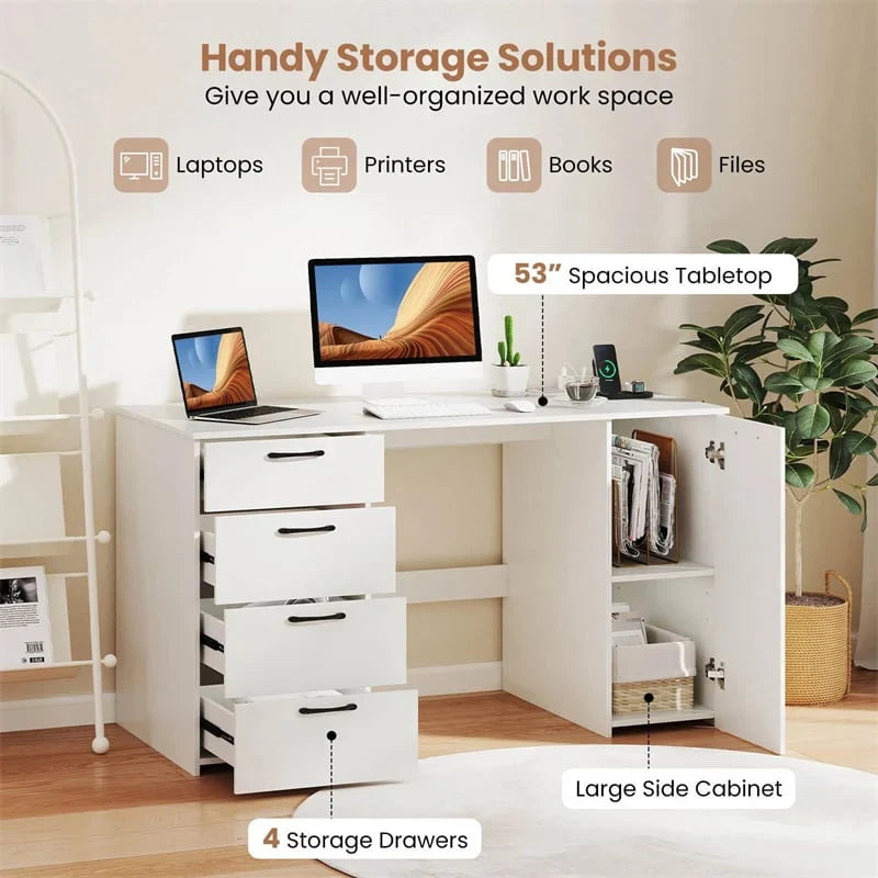 2026 53" Computer Desk with 4 Storage Drawers & Cabinet, Home Office Desk w/ Charging Station, Adjustable Shelf & Cable Management for Study, Makeup