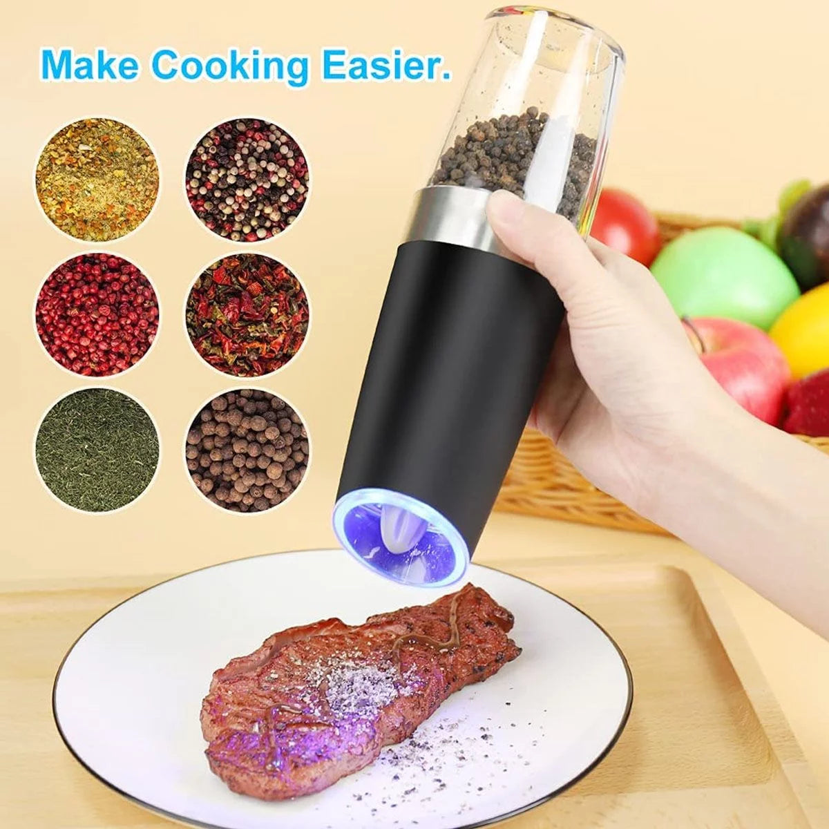2026 Deago 2 Pack Electric Gravity Salt and Pepper Grinder Set with Adjustable Coarseness Automatic Pepper and Salt Mill Grinder Battery Powered with LED Light