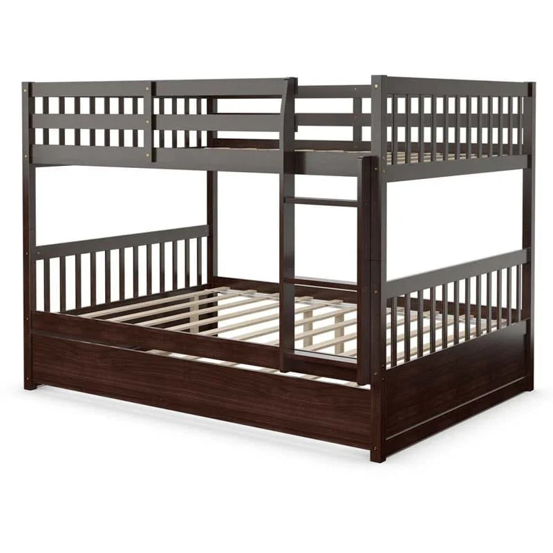 2026 Solid Wood Full Over Full Bunk Bed Frame with Trundle, Safety Ladder & Guardrails, Convertible Bunk Bed for Kids Teens