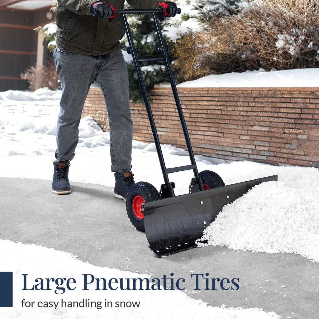 2026 NewBest Choice Products 36in Galvanized Blade Hand Snow Pusher w/ 2 Wheels, Adjustable Handle, Blade Angle - Black