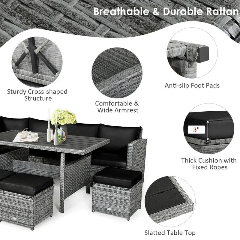 2026 New7 Pcs Rattan Patio Dining Furniture Sectional Sofa Set with Dining Table, Ottomans & Cushions