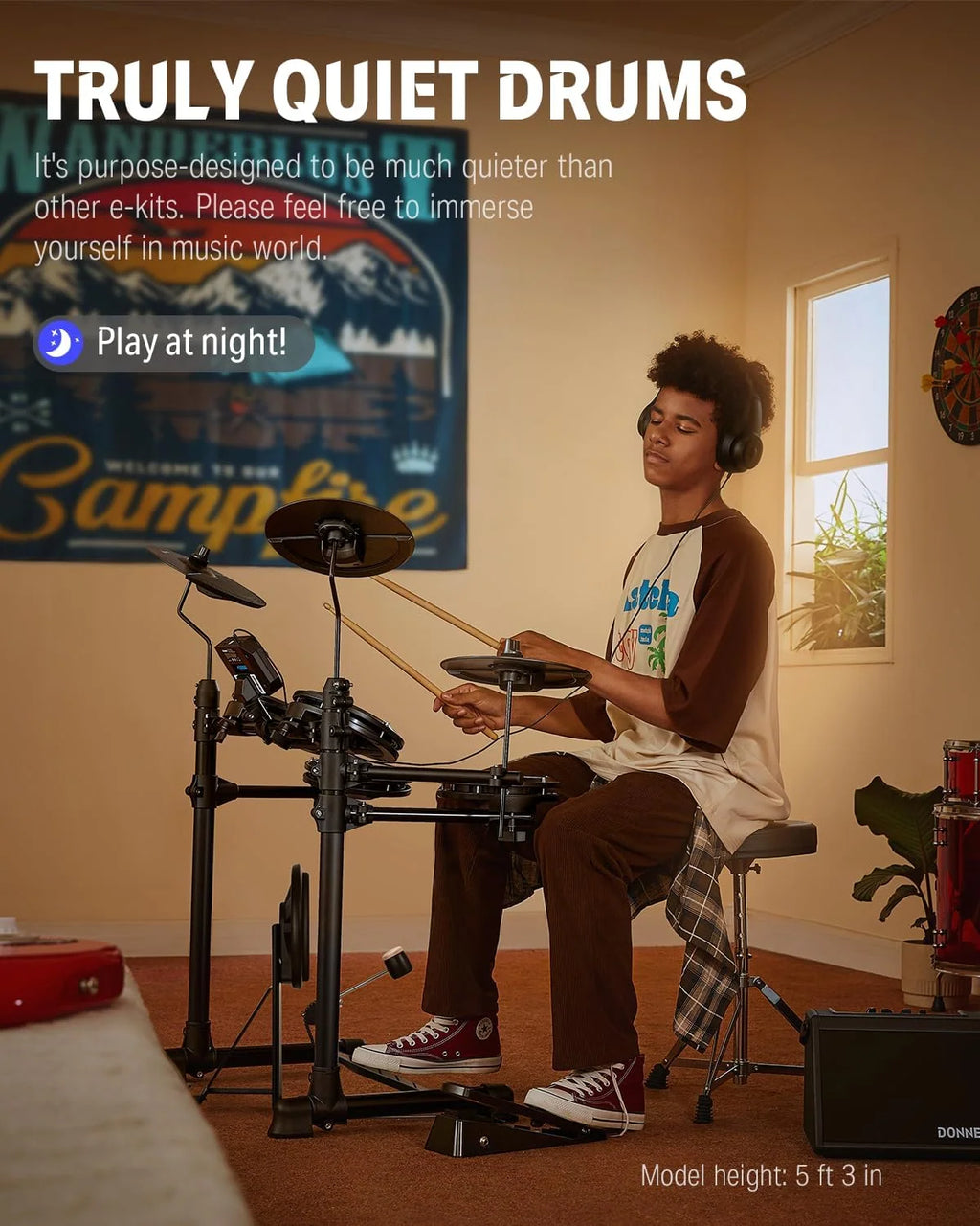 2026 DED-80 Electronic Drum Set, Electric Drum Set for Beginner with 4 Quiet Mesh Drum Pads, 2 Switch Pedal, 180+ Sounds, Throne, On-Ear Headphones, Sticks, and Lessons Included.