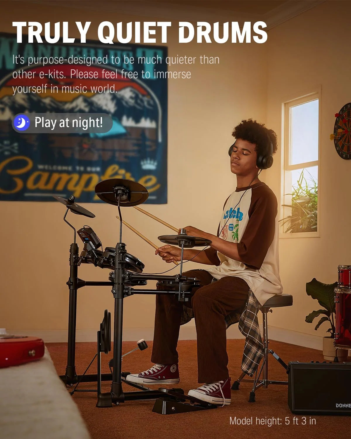 2026 DED-80 Electronic Drum Set, Electric Drum Set for Beginner with 4 Quiet Mesh Drum Pads, 2 Switch Pedal, 180+ Sounds, Throne, On-Ear Headphones, Sticks, and Lessons Included.