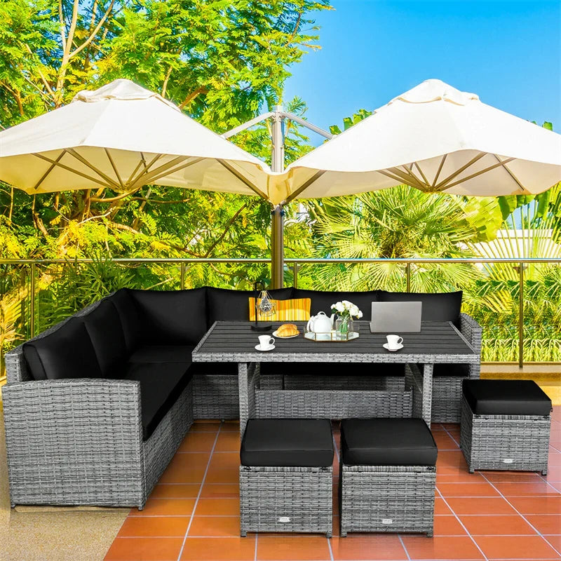 2026 7 PCS Resin Wicker Outdoor Sectional Sofa Set Rattan Patio Seating Group with Dining Table, Ottomans & Cushions