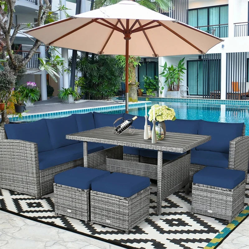 2026 7 PCS Resin Wicker Outdoor Sectional Sofa Set Rattan Patio Seating Group with Dining Table, Ottomans & Cushions