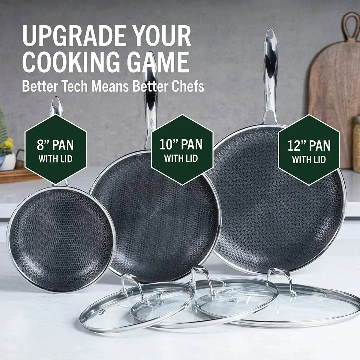 2026 NewHexClad 6-piece hybrid stainless steel cookware set (8 inch, 10 inch, 12 inch) with glass lids, one size, black