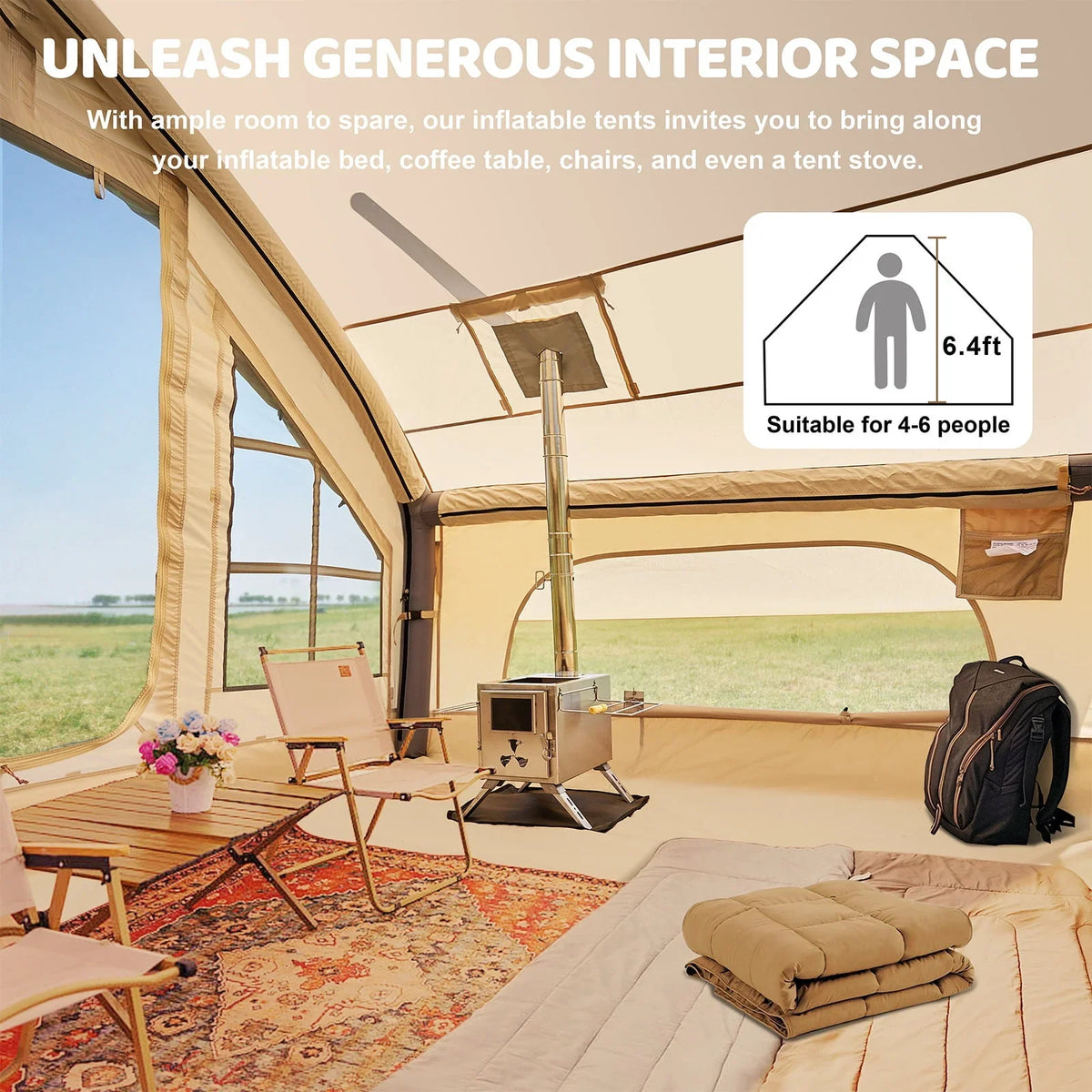 2026 6 Person Inflatable Camping Tent with Pump, 10ft x7ft Glamping Family Tent Easy Setup 4 Season Waterproof Windproof Outdoor Blow Up Tent Luxury Oxford Cabin with Mesh Windows & Doors