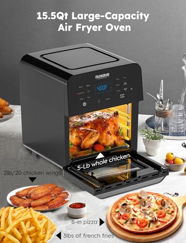 2026 Brio Air Fryer Oven, 15.5Qt X Large Family Size, SS Rotisserie Basket &Skewer Kit, Reversible Ultra Non Stick Grill/Griddle Plate, Powerful 1800W, Integrated Smart Thermometer,Black: Home & Kitchen