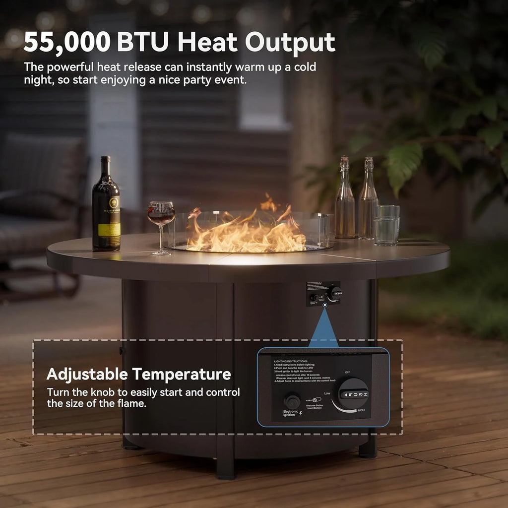 2026 48" Round Propane Fire Pit Table,55000 BTU Auto-Ignitiongas Gas Fire Table with Fire Glass and Lid,Waterproof Cover and Pumice Stone for Patio,Balcony,Garden