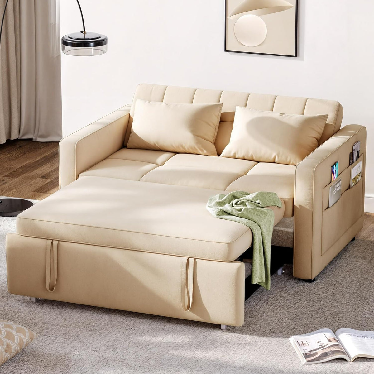 2026 3-in-1 Convertible Sofa Bed, 55" Sleeper Sofa with Pull-Out Bed, Cat-Scratch-Proof Fabric Futon Couch with Adjustable Backrest and Side Pocket, Loveseat for Living Room Apartment, Grey