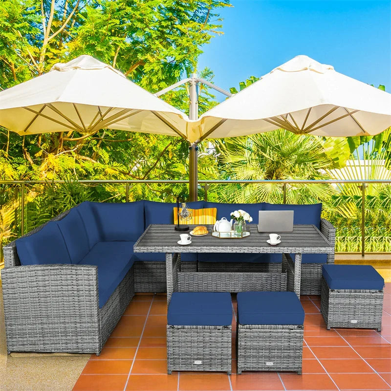 2026 7 PCS Resin Wicker Outdoor Sectional Sofa Set Rattan Patio Seating Group with Dining Table, Ottomans & Cushions