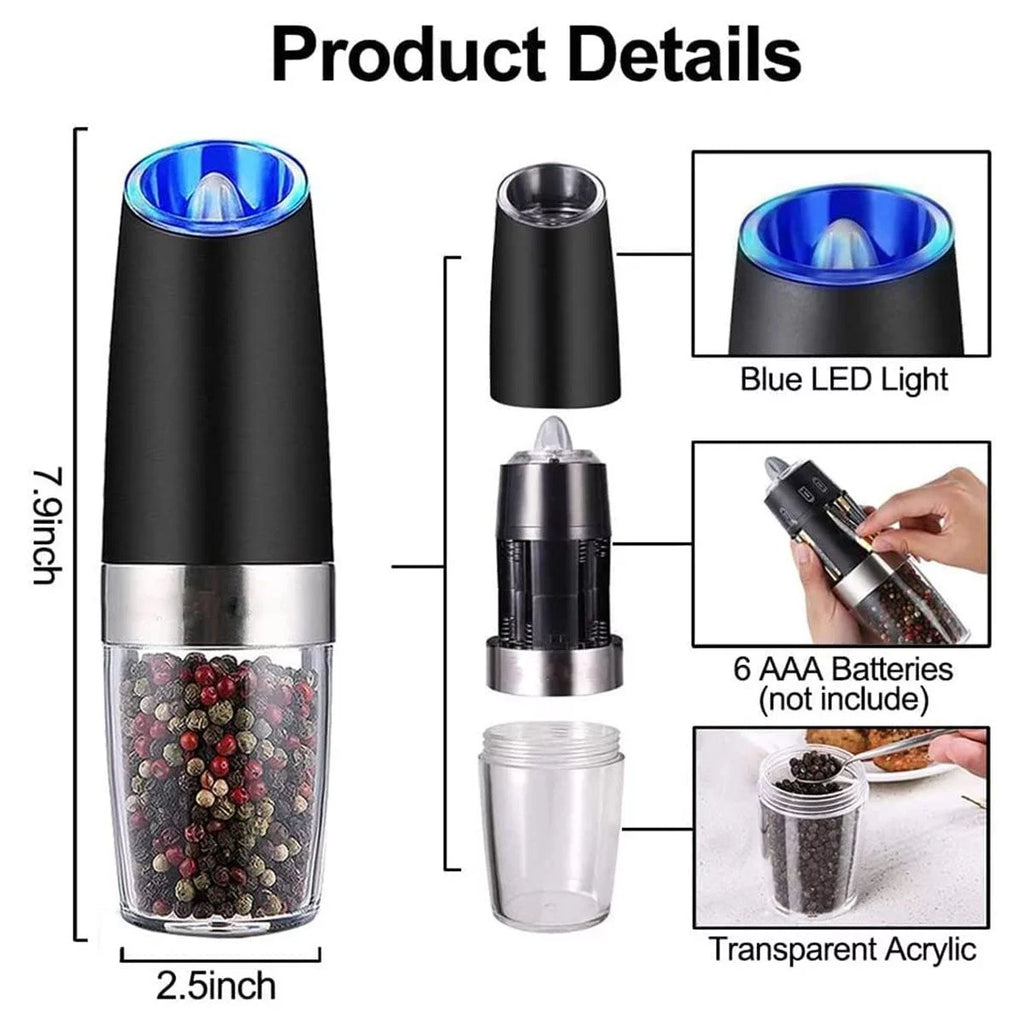 2026 Deago 2 Pack Electric Gravity Salt and Pepper Grinder Set with Adjustable Coarseness Automatic Pepper and Salt Mill Grinder Battery Powered with LED Light