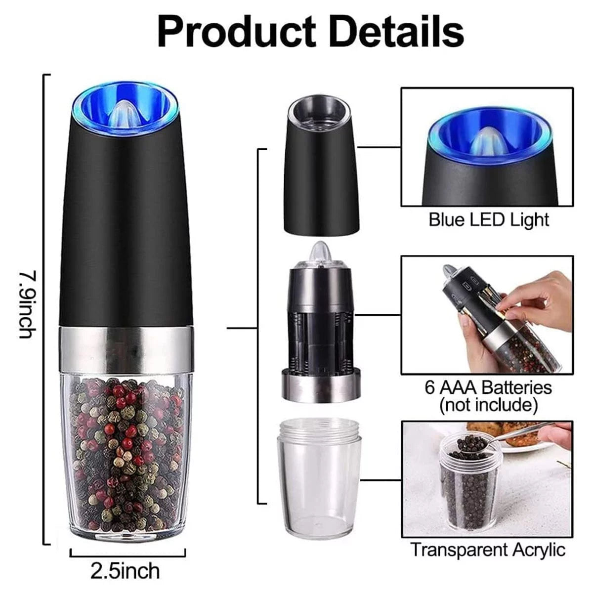 2026 Deago 2 Pack Electric Gravity Salt and Pepper Grinder Set with Adjustable Coarseness Automatic Pepper and Salt Mill Grinder Battery Powered with LED Light