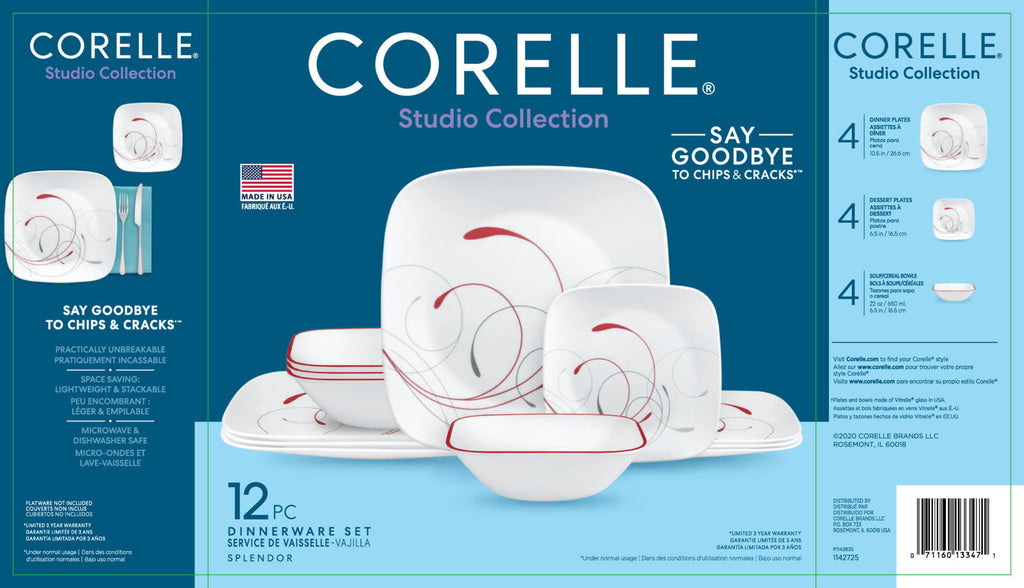 2026 Corelle Splendor, Square, 12 Piece, Dinnerware Set