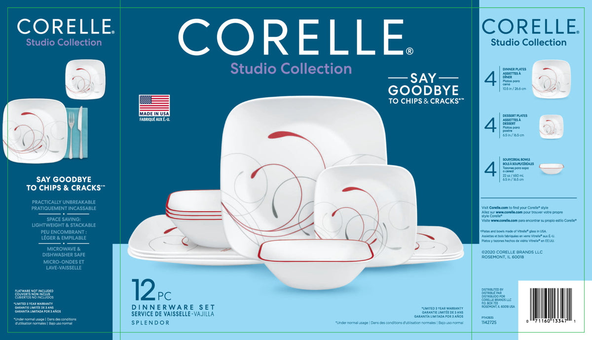2026 Corelle Splendor, Square, 12 Piece, Dinnerware Set