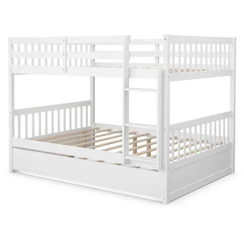 2026 Solid Wood Full Over Full Bunk Bed Frame with Trundle, Safety Ladder & Guardrails, Convertible Bunk Bed for Kids Teens