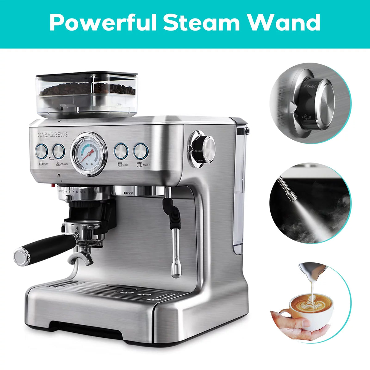 2026 Casabrews 20 Bar Espresso Machine with Milk Frother Steam Wand, Cappuccino Machine with Grinder, Silver
