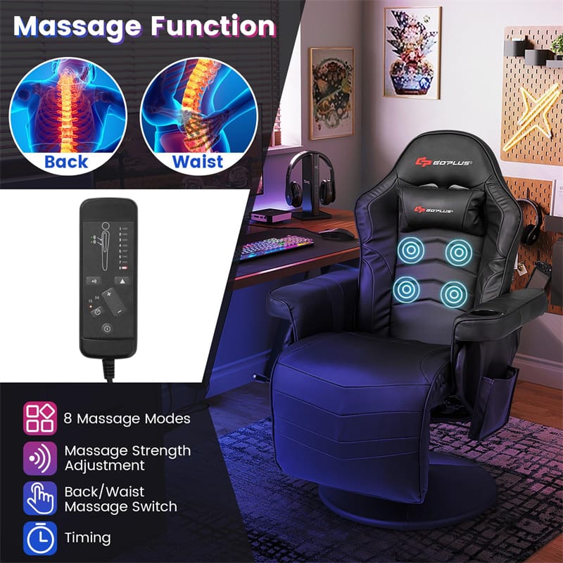 2026 Ergonomic Gaming Recliner Chair with Massage, Retractable Footrest & Cup Holder, Height Adjustable Racing Style Swivel Video Game Chair