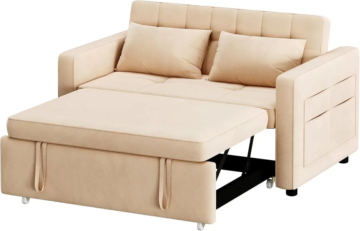 2026 3-in-1 Convertible Sofa Bed, 55" Sleeper Sofa with Pull-Out Bed, Cat-Scratch-Proof Fabric Futon Couch with Adjustable Backrest and Side Pocket, Loveseat for Living Room Apartment, Grey