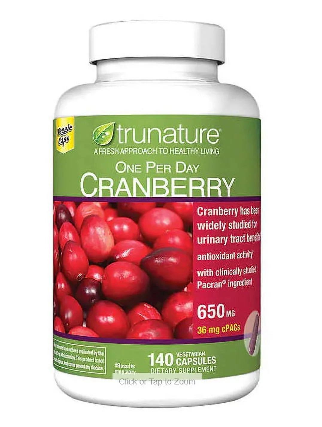 2026 2 Packs Trunature Pacran Cranberry 650 Mg., 140 Vegetarian Capsules