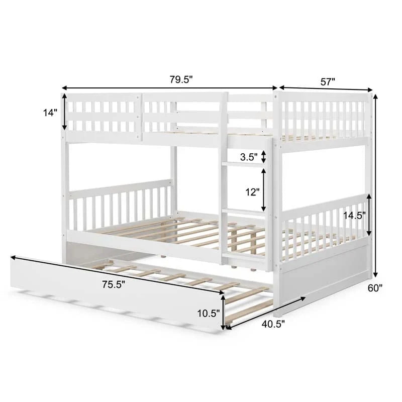2026 Solid Wood Full Over Full Bunk Bed Frame with Trundle, Safety Ladder & Guardrails, Convertible Bunk Bed for Kids Teens