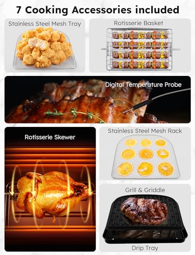 2026 Brio Air Fryer Oven, 15.5Qt X Large Family Size, SS Rotisserie Basket &Skewer Kit, Reversible Ultra Non Stick Grill/Griddle Plate, Powerful 1800W, Integrated Smart Thermometer,Black: Home & Kitchen