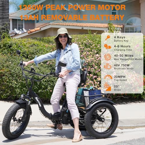 2026 Electric Tricycle for Adults, 750W(Peak 1350W), 48V13Ah Ebike, 20"x4.0" Aluminum Folding Fat Tire 3 Wheel Electric Trike, Max 20MPH Hydraulic Brake, Rear Motor Differential
