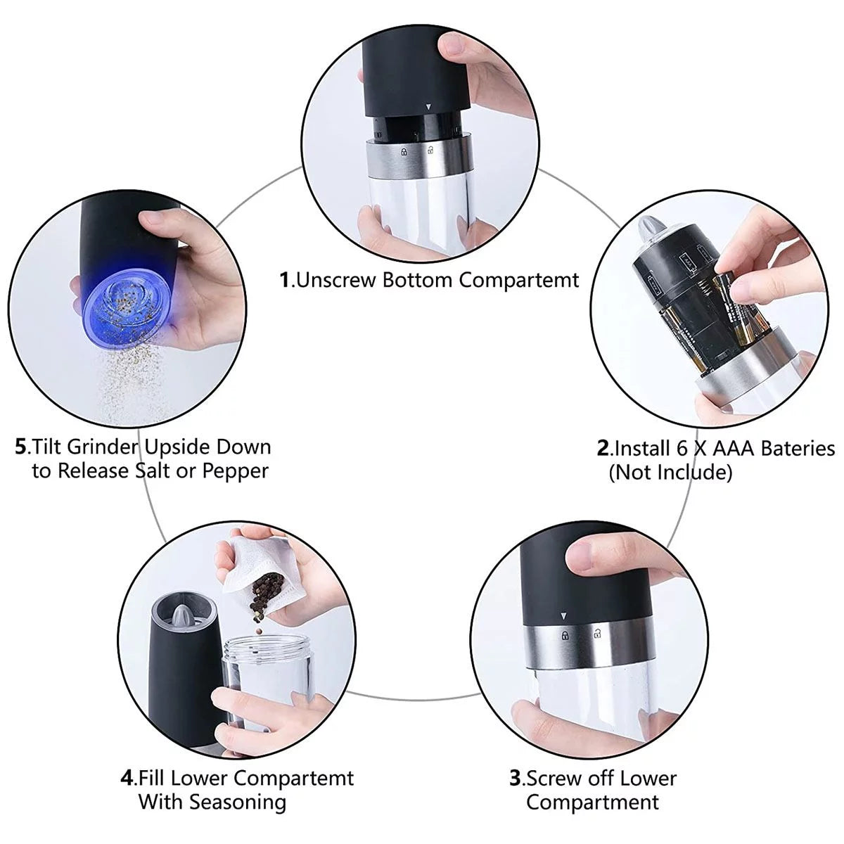 2026 Deago 2 Pack Electric Gravity Salt and Pepper Grinder Set with Adjustable Coarseness Automatic Pepper and Salt Mill Grinder Battery Powered with LED Light