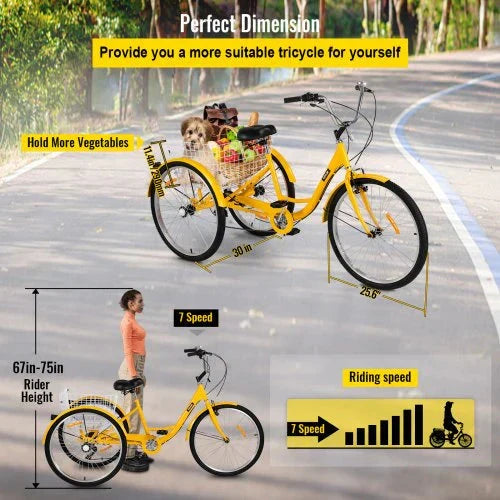 2026 Adult Tricycle 26 7 Speed 3 Wheel Trike Bicycle Bike Cruise w Basket Shooping