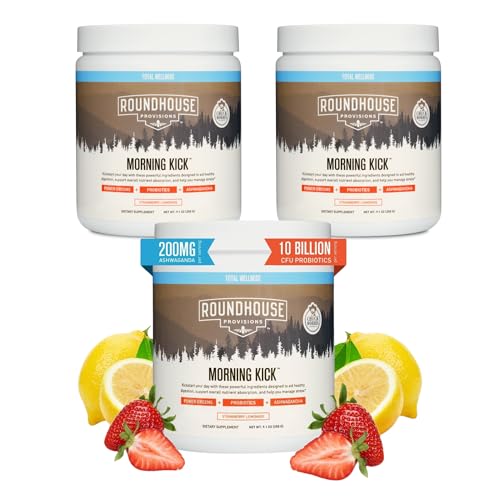 2026 ROUNDHOUSE PROVISION Morning Kick, Zero Sugar Greens Superfood Powder Supplement with Ashwagandha, Collagen, Probiotics, Debloat Drink, 30 Servings (Strawberry Lemonade) by Chuck Norris