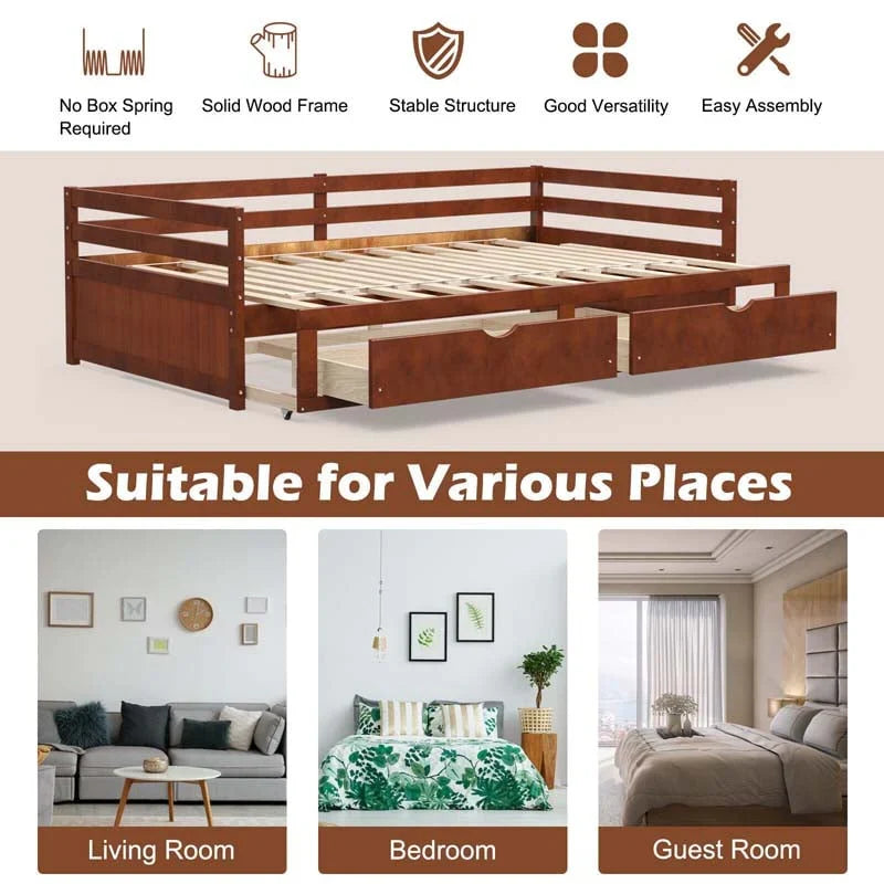 2026 Extendable Twin to King Daybed with Trundle & 2 Storage Drawers, Dual-use Modern Sofa Bed with Roll Out Bed Frame