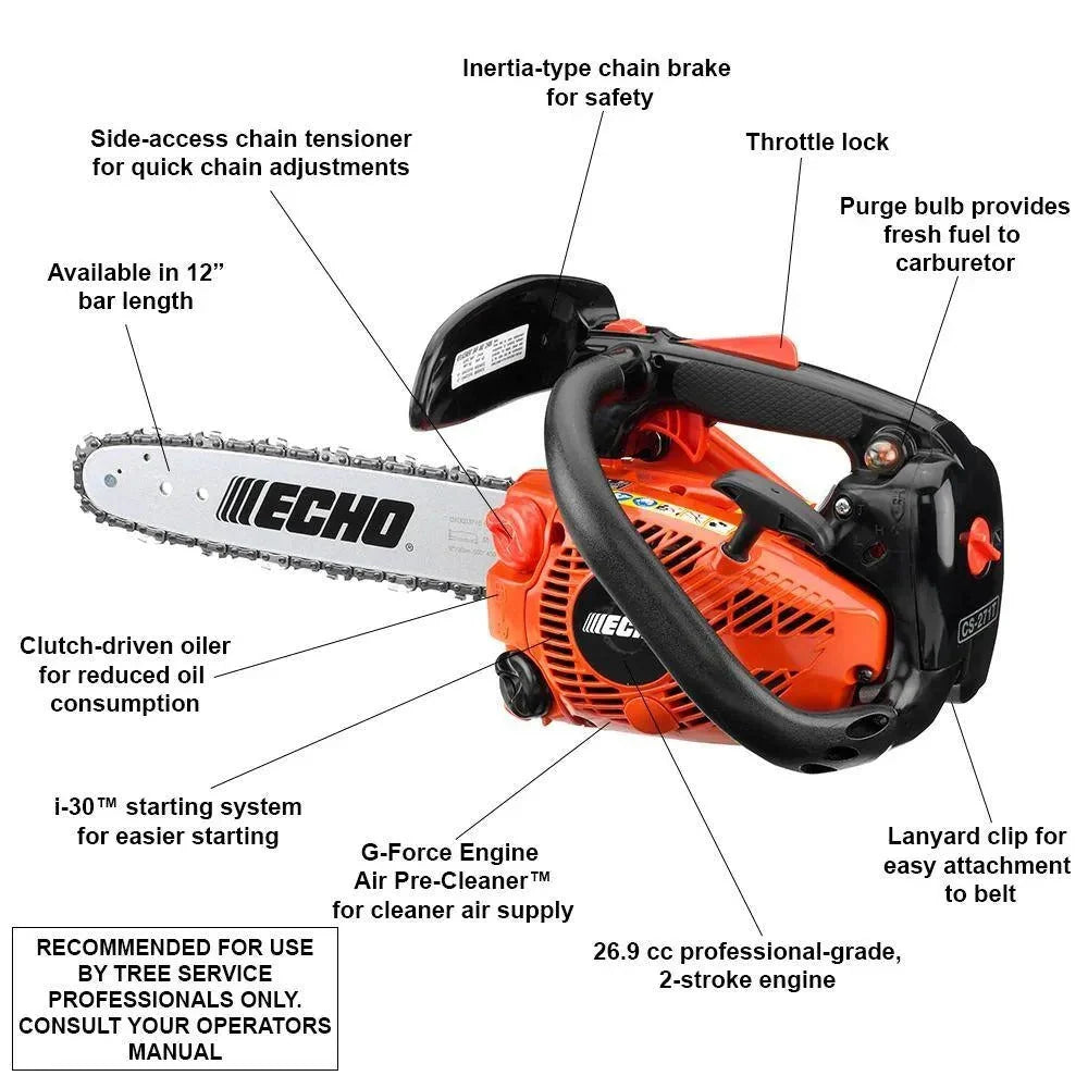 2026 New12-inch (30.5 cm) petrol two-stroke chainsaw with 26.9 cm³ displacement and top handle