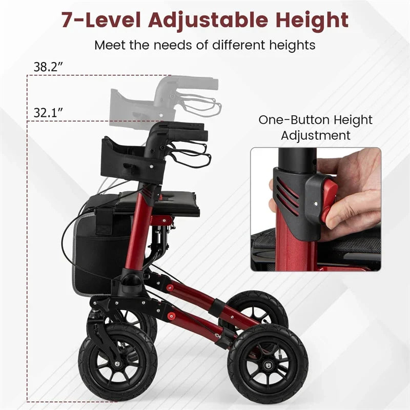 2026 2-in-1 Folding Rolling Rollator Walker with Seat, 9" All-Terrain Pneumatic Tires & Height Adjustment, Aluminum Mobility Walking Aid for Seniors