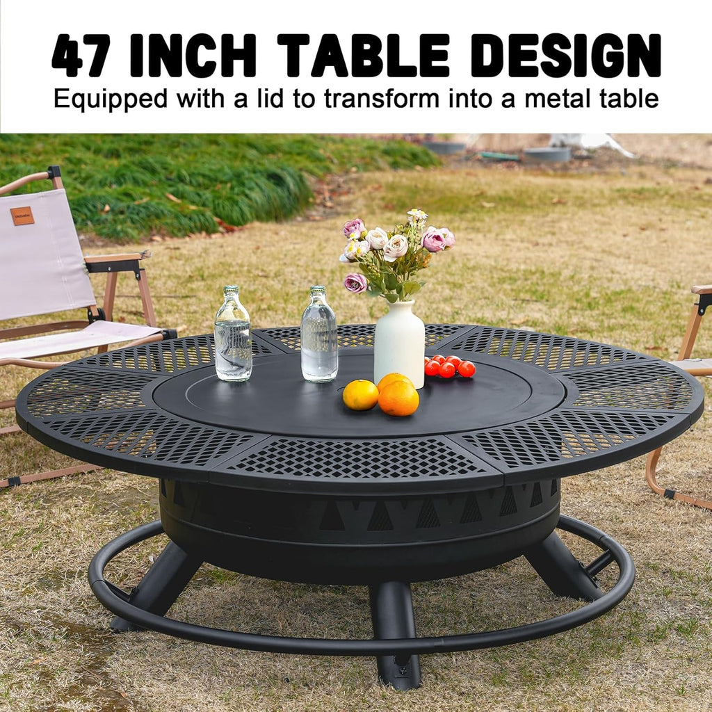 2026 47 Inch Fire Pit with 2 Grills, Outdoor Extra Large Firepits for Outside, Wood Burning Fireplace for Camping,Picnic,Bonfire, 3-in-1 Round Metal Table with Lid for Backyard,Patio,Party