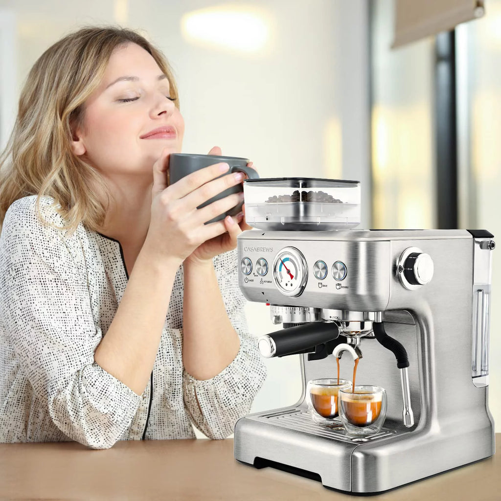 2026 Casabrews 20 Bar Espresso Machine with Milk Frother Steam Wand, Cappuccino Machine with Grinder, Silver
