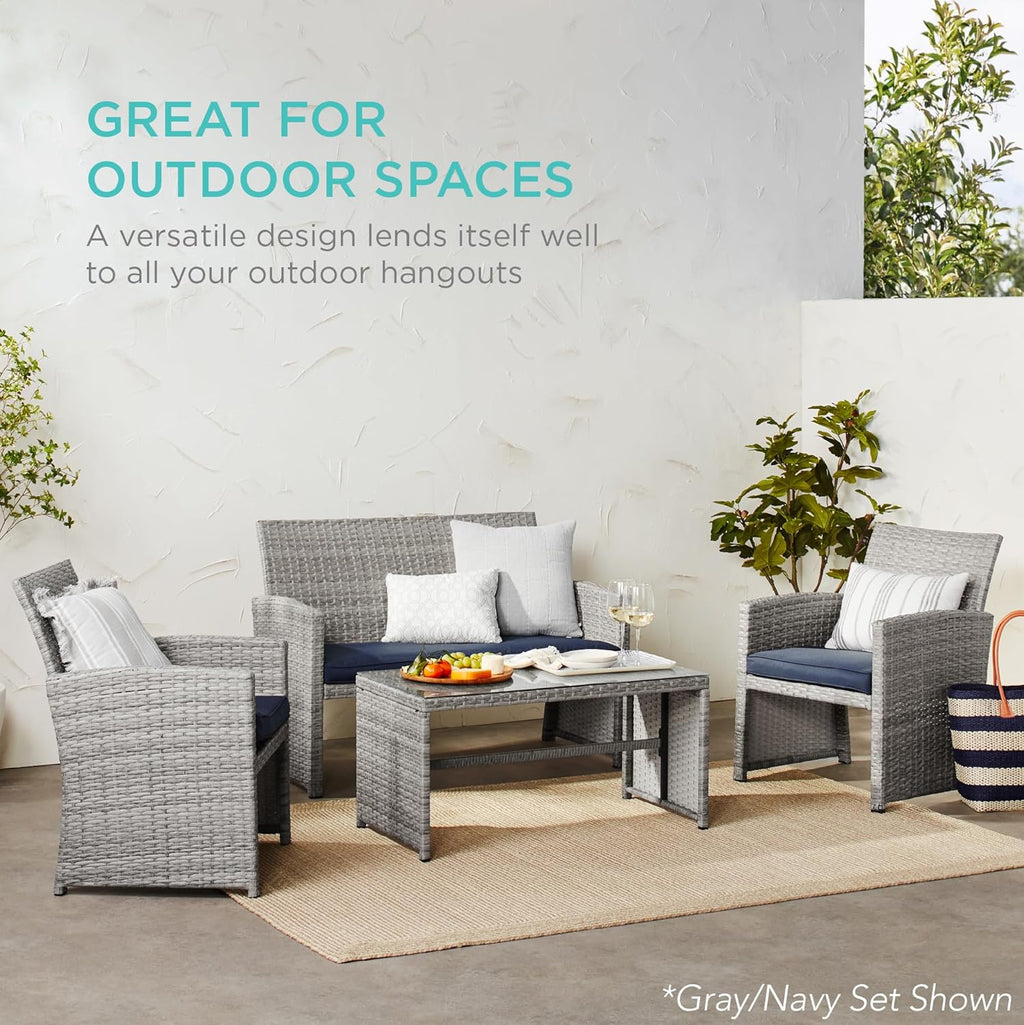 2026 4-Piece Outdoor Wicker Patio Conversation Furniture Set for Backyard w/Coffee Table, Seat Cushions - Black/Black
