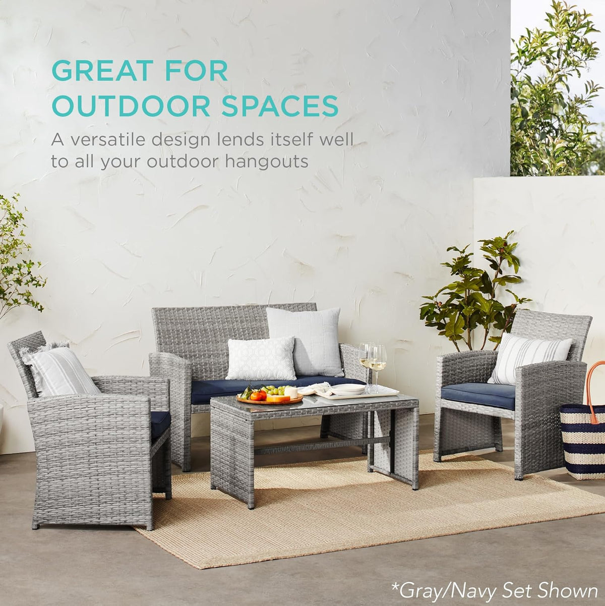 2026 4-Piece Outdoor Wicker Patio Conversation Furniture Set for Backyard w/Coffee Table, Seat Cushions - Black/Black