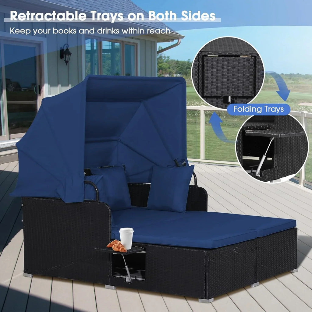 2026 Patio Outdoor Daybed with Canopy, Wicker Sunbed w/Cushions, 4 Pillows & 2 Retractable Side Trays, 2-Person Lounge Bed Conversation for Poolside Porch Garden, Rattan Outdoor Bed (Turquoise)