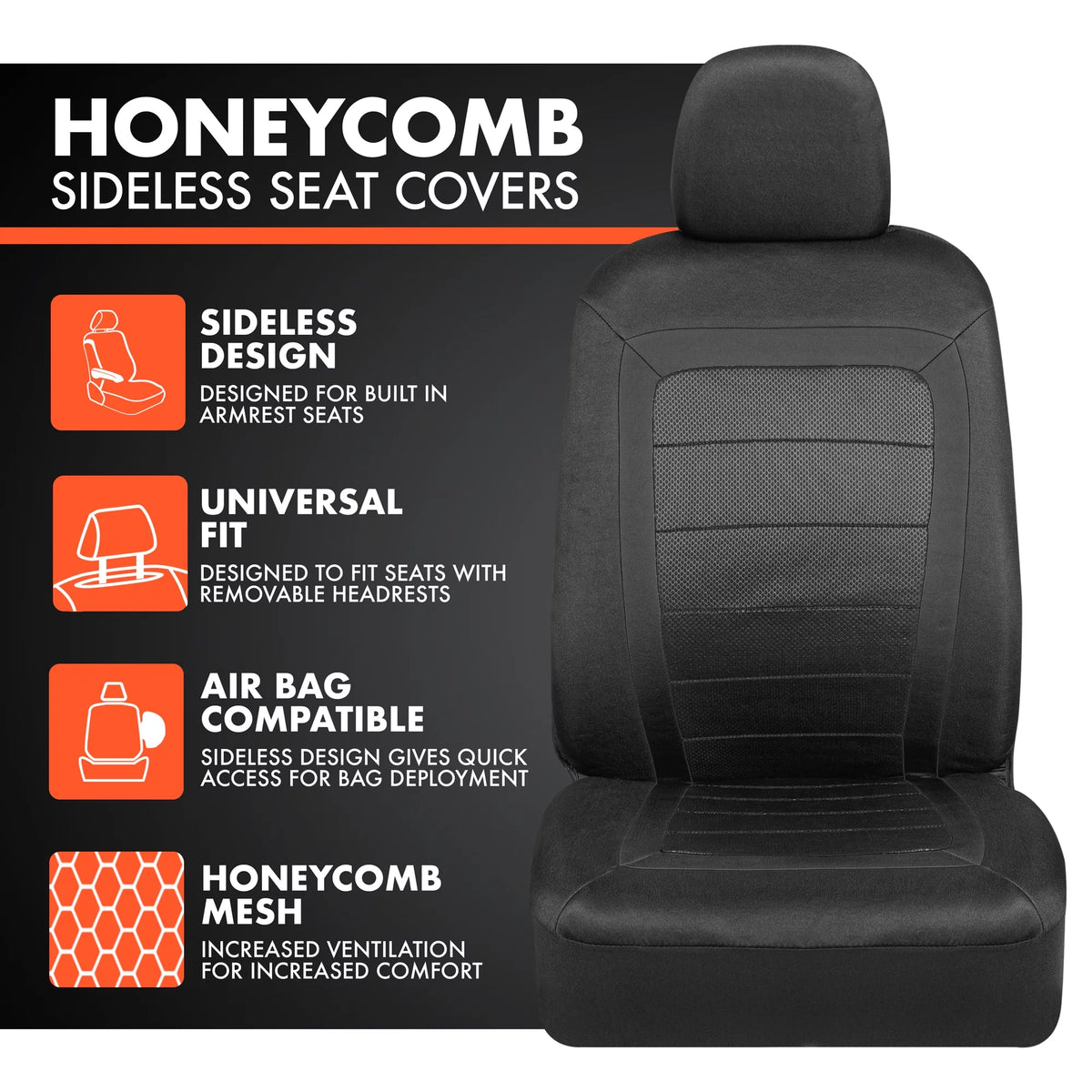 2026 BDK Advanced Performance Car Seat Covers - Instant Install Sideless Front Seat Protector Pair - Modern Honeycomb Accent Black