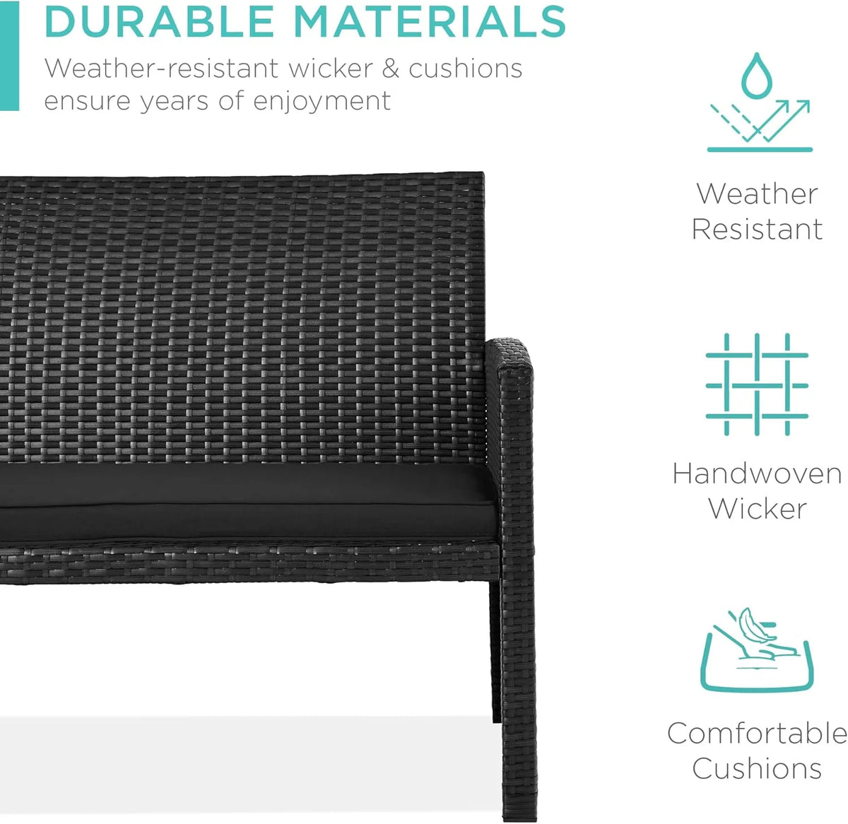 2026 4-Piece Outdoor Wicker Patio Conversation Furniture Set for Backyard w/Coffee Table, Seat Cushions - Black/Black