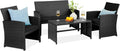 2026 4-Piece Outdoor Wicker Patio Conversation Furniture Set for Backyard w/Coffee Table, Seat Cushions - Black/Black