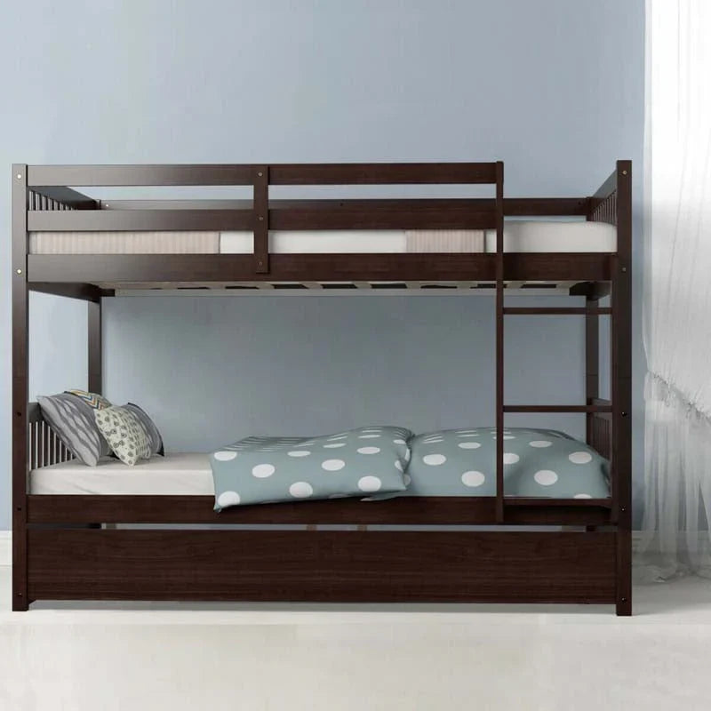 2026 Solid Wood Full Over Full Bunk Bed Frame with Trundle, Safety Ladder & Guardrails, Convertible Bunk Bed for Kids Teens