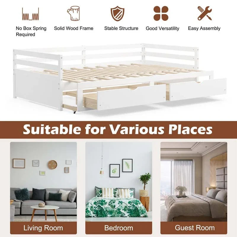 2026 Extendable Twin to King Daybed with Trundle & 2 Storage Drawers, Dual-use Modern Sofa Bed with Roll Out Bed Frame